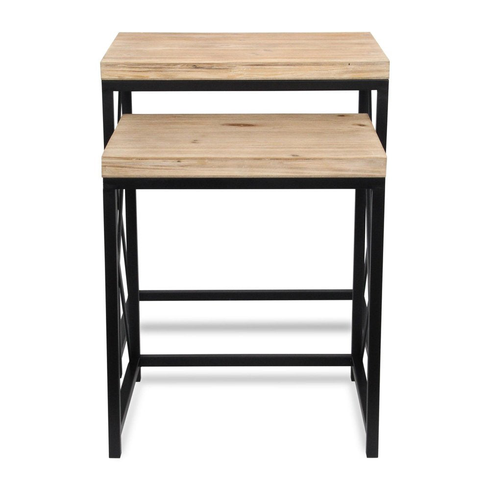 Set of Two Light Brown and Black Distressed Solid Wood and Steel Nested Tables