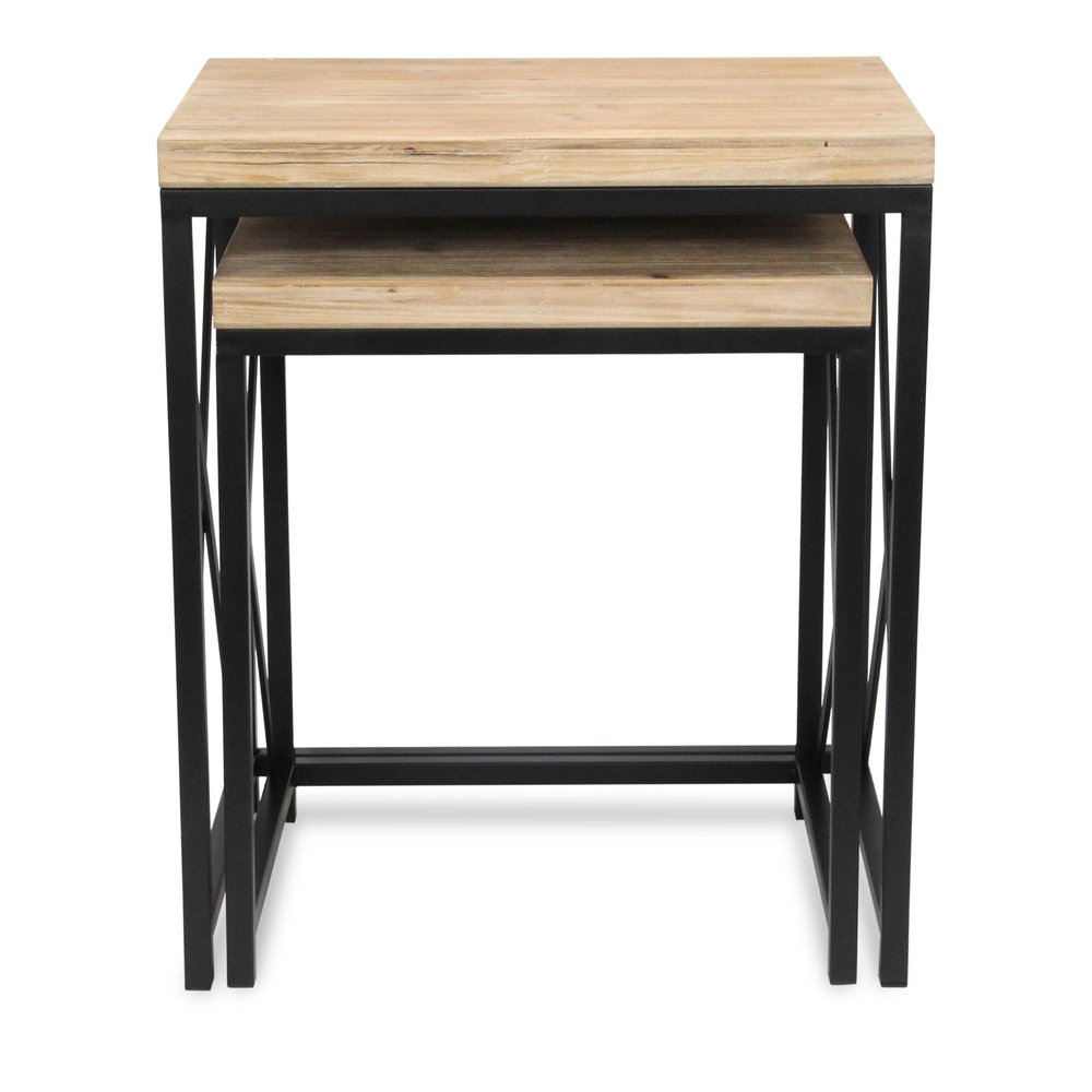 Set of Two Light Brown and Black Distressed Solid Wood and Steel Nested Tables