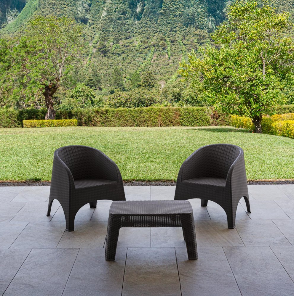 Three Piece Espresso Plastic Two Person Seating Group with Table
