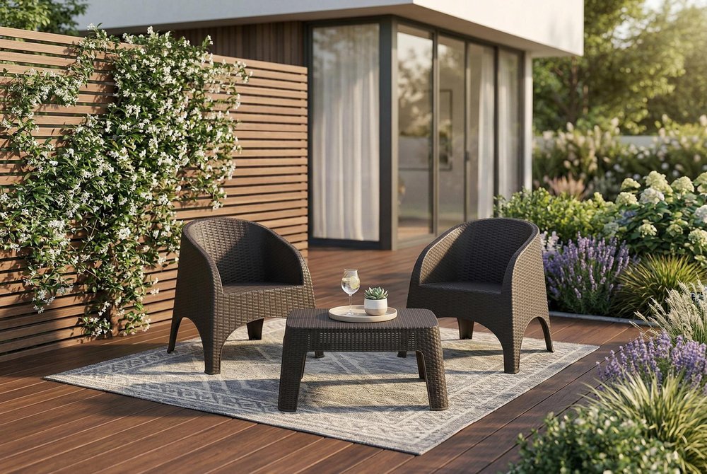 Three Piece Espresso Plastic Two Person Seating Group with Table