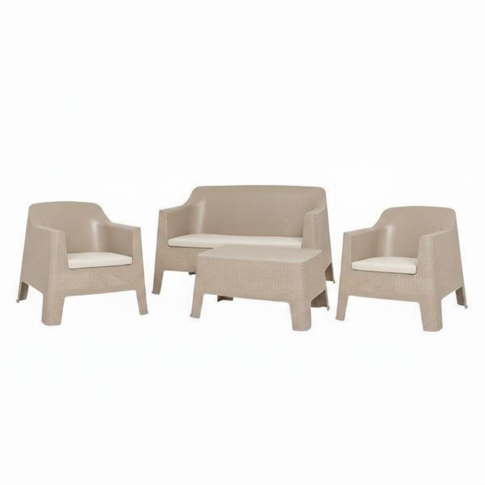 Four Piece Taupe and Beige Plastic Upholstered Cushions Outdoor Patio Set with Table
