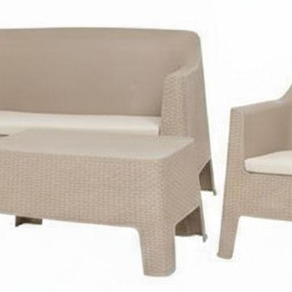 Four Piece Taupe and Beige Plastic Upholstered Cushions Outdoor Patio Set with Table
