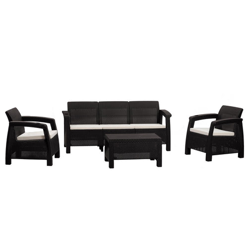 Four Piece Espresso and Beige Plastic Upholstered Cushions Outdoor Patio Set with Table