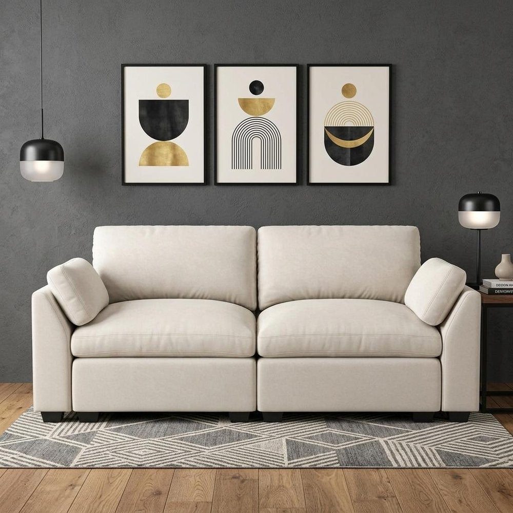 Beige and Black Velvet Modular Loveseat - 75-inch