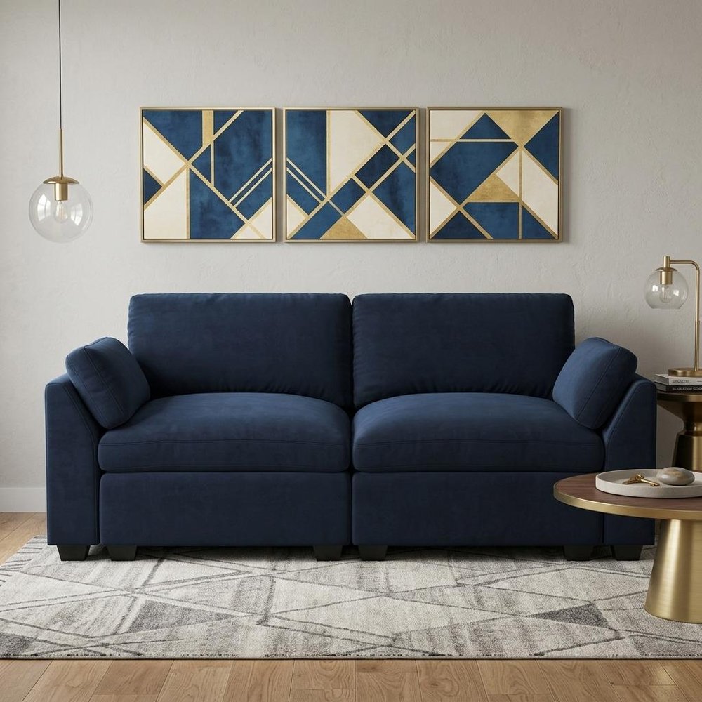 Blue and Black Velvet Modular Loveseat - 75-inch