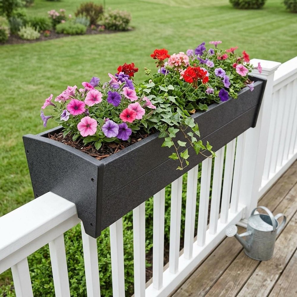 Black Heavy Duty Plastic Rectangular Railing Planter - 8 X 24-inch