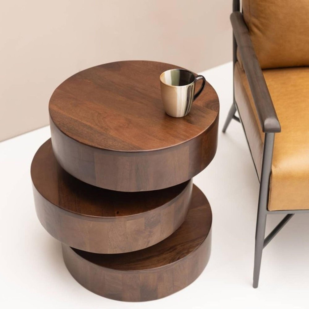 Brown Solid Wood Round Drum End Table - 21-inch