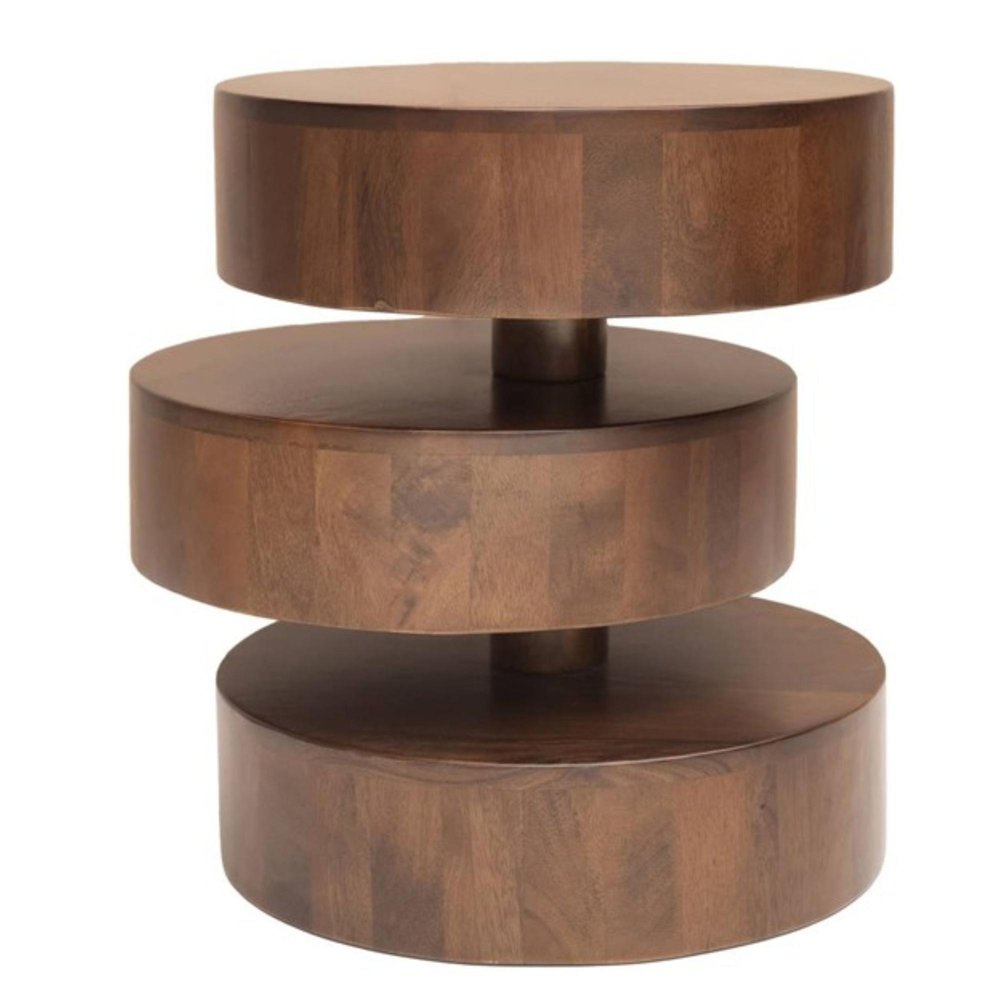 Brown Solid Wood Round Drum End Table - 21-inch
