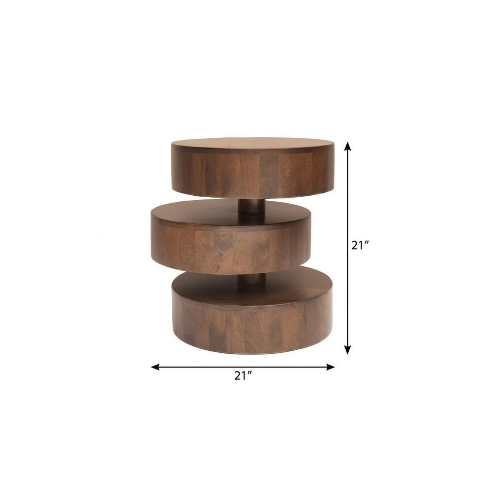 Brown Solid Wood Round Drum End Table - 21-inch