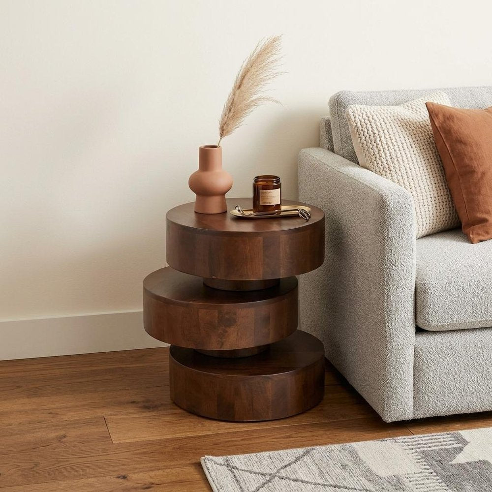 Brown Solid Wood Round Drum End Table - 21-inch