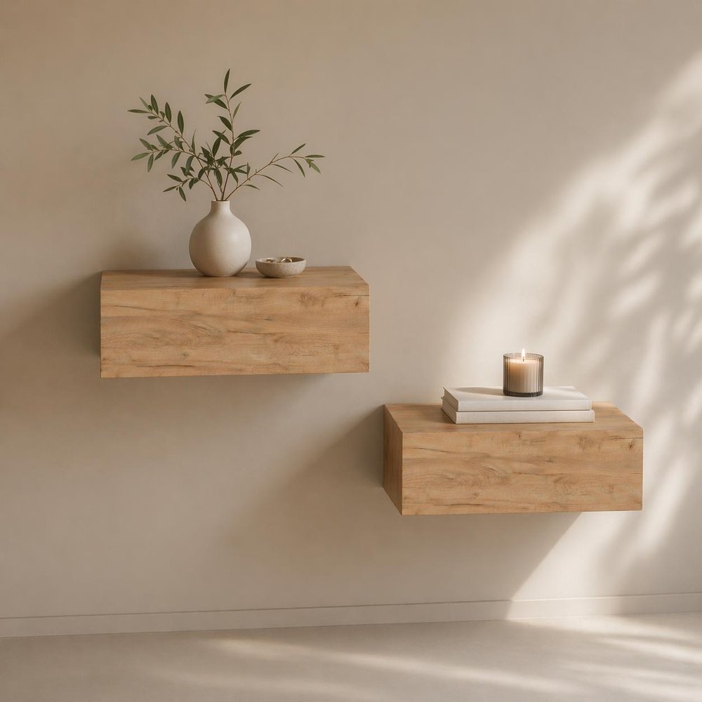 Set of Two 16 Natural and Oak Wood One Drawer Floating Nightstand