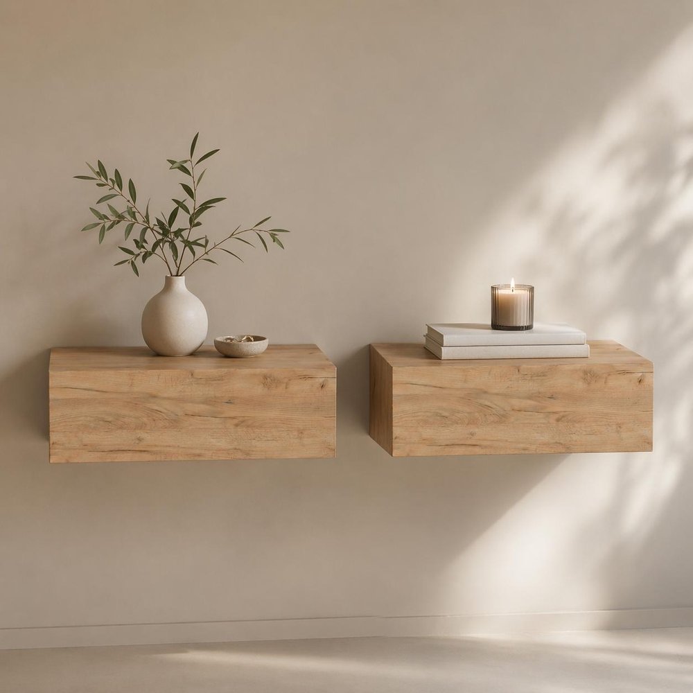Set of Two 16 Natural and Oak Wood One Drawer Floating Nightstand