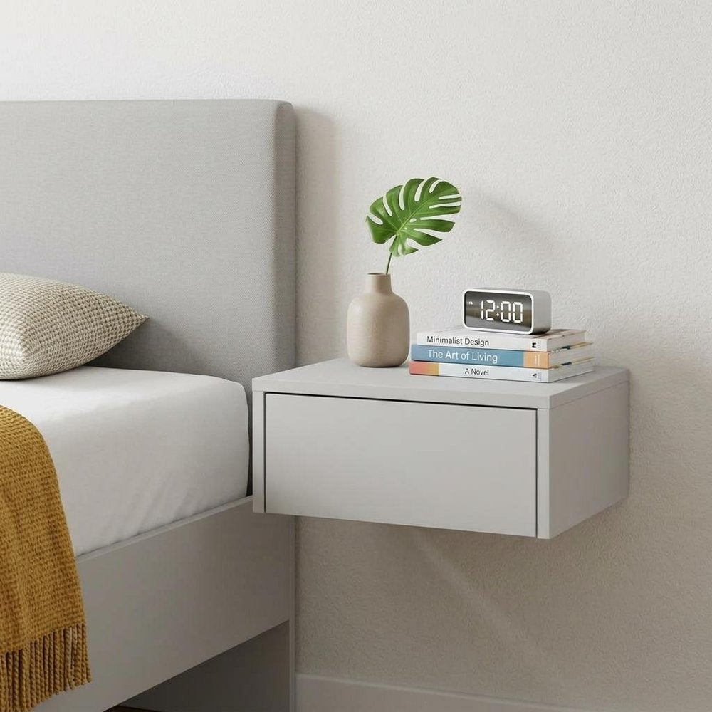 Set of Two 16 White Wood One Drawer Floating Nightstand