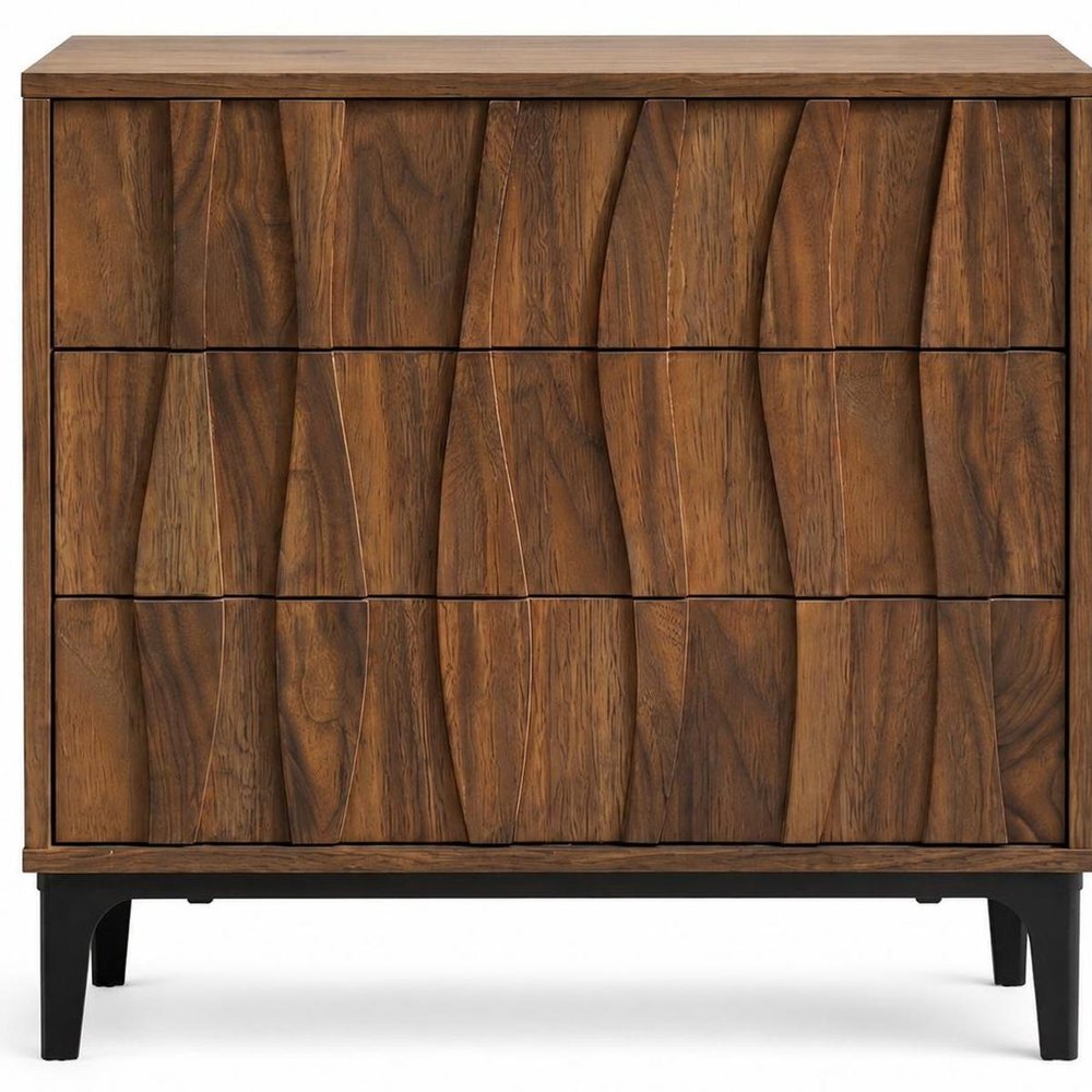 Walnut Wood Ribbed Texture Three Drawer Nightstand - 26-inch