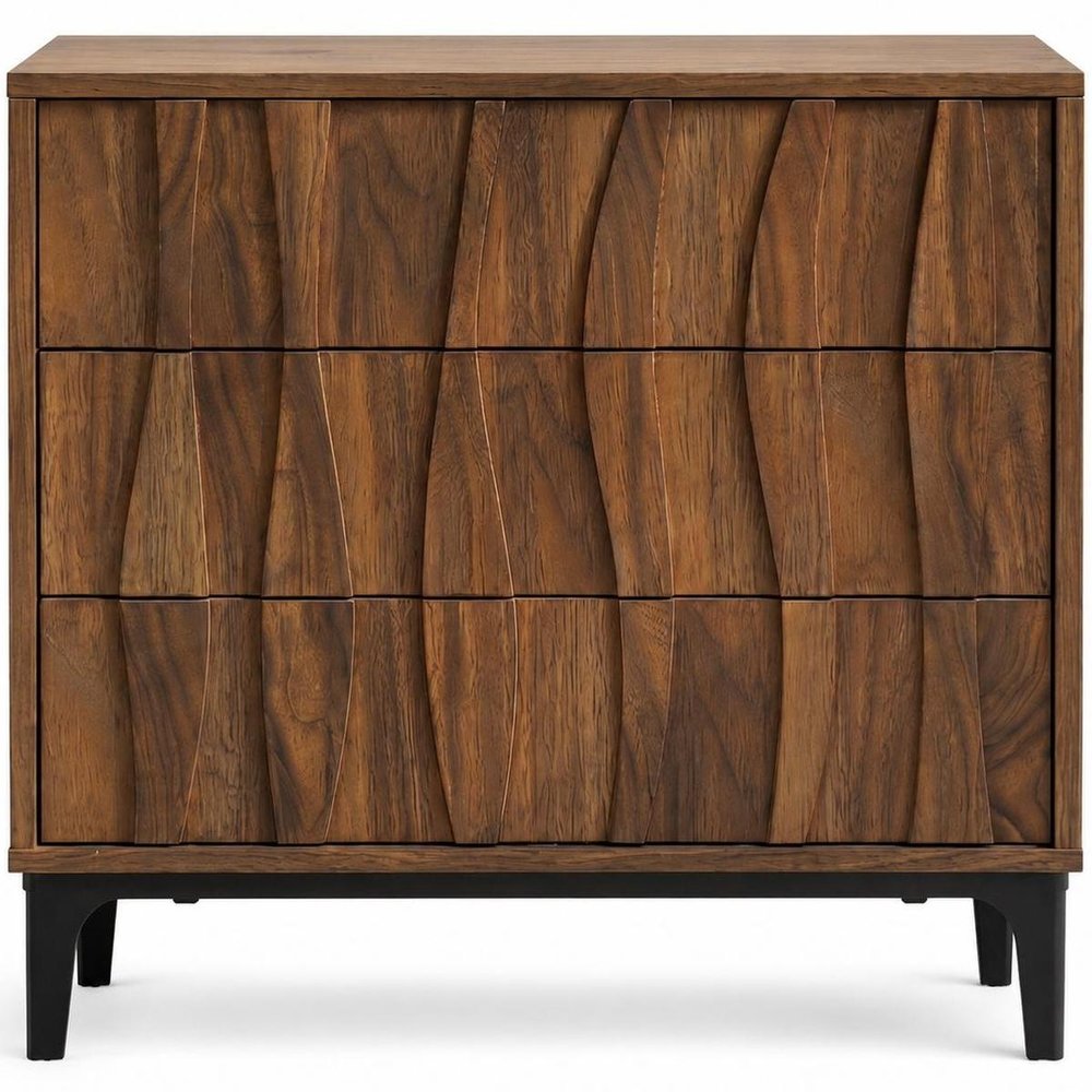 Walnut Wood Ribbed Texture Three Drawer Nightstand - 26-inch