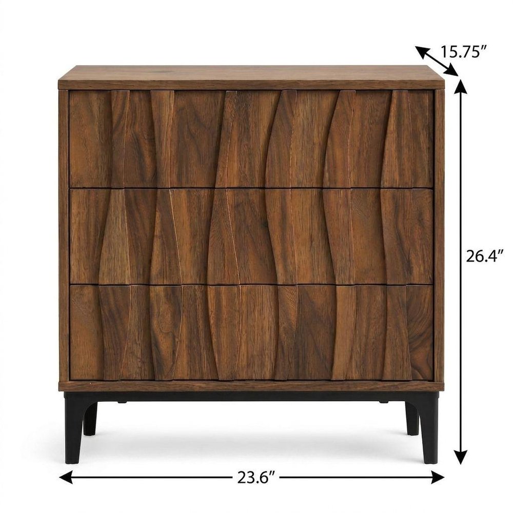 Walnut Wood Ribbed Texture Three Drawer Nightstand - 26-inch