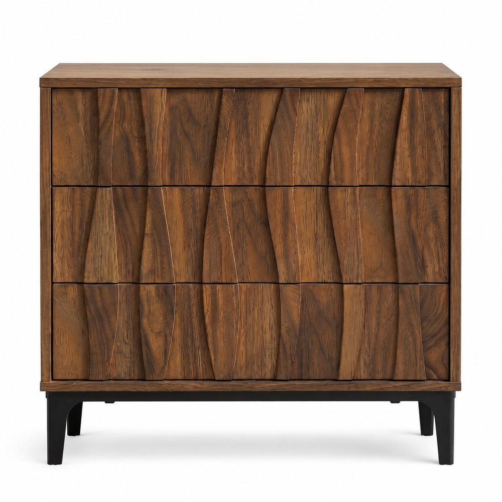 Walnut Wood Ribbed Texture Three Drawer Nightstand - 26-inch