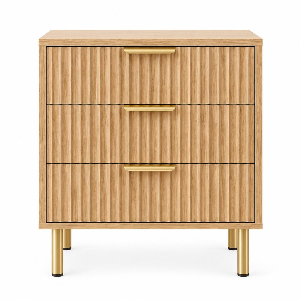 Oak Wood Ribbed Texture Three Drawer Nightstand - 24-inch