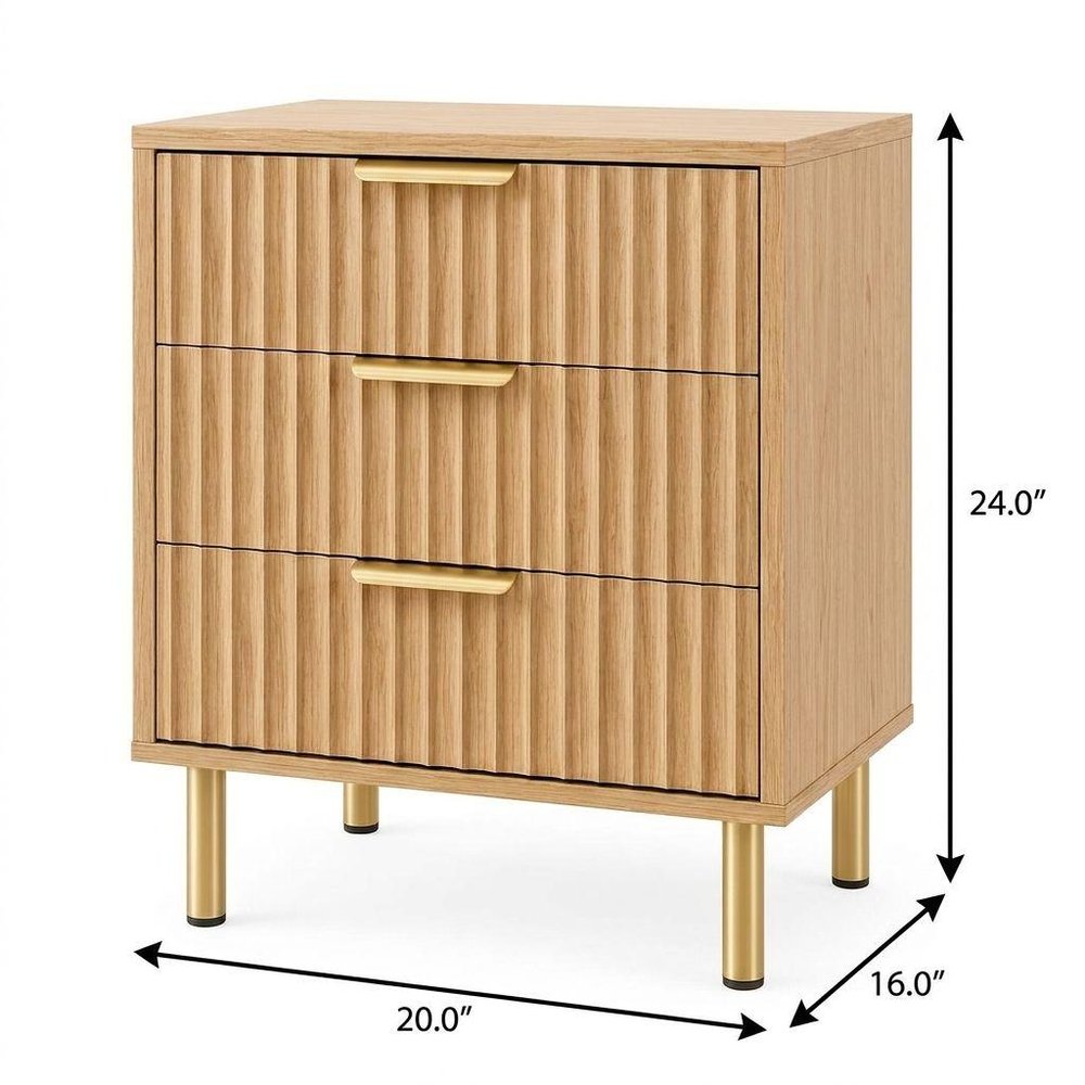 Oak Wood Ribbed Texture Three Drawer Nightstand - 24-inch
