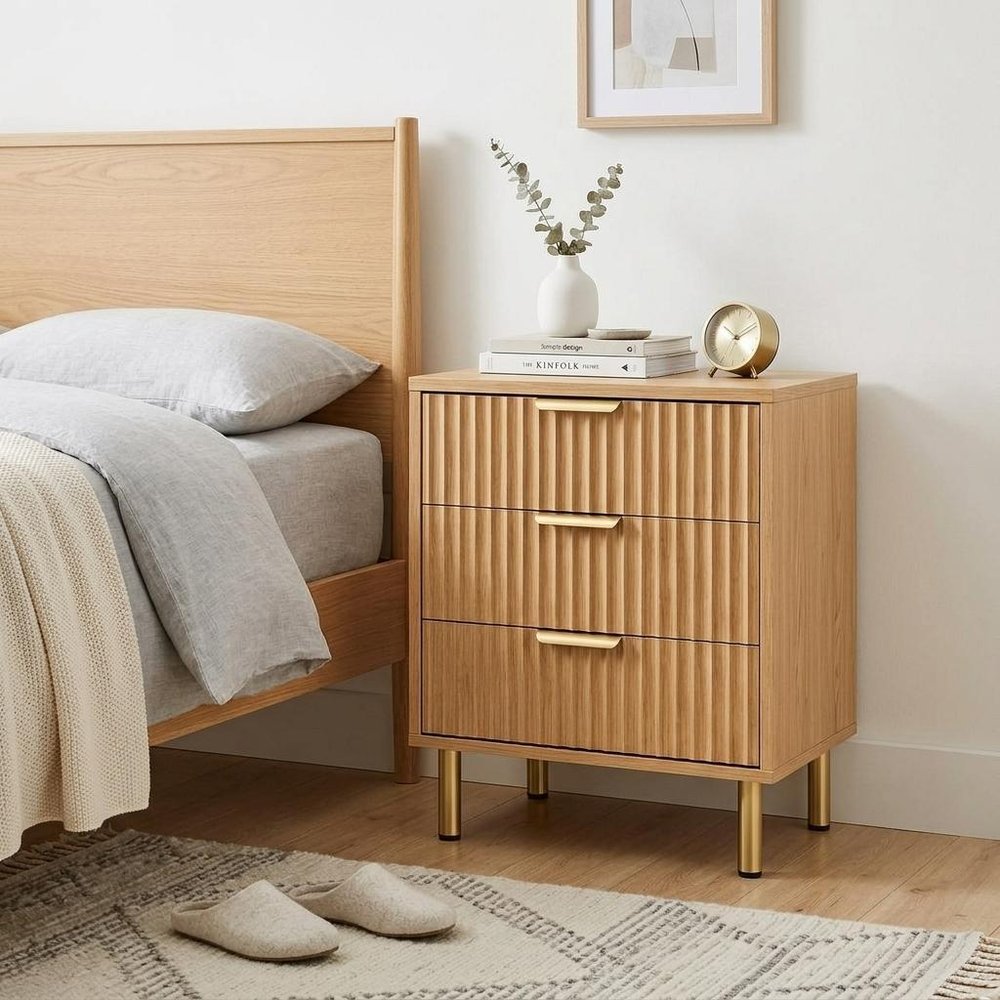 Oak Wood Ribbed Texture Three Drawer Nightstand - 24-inch