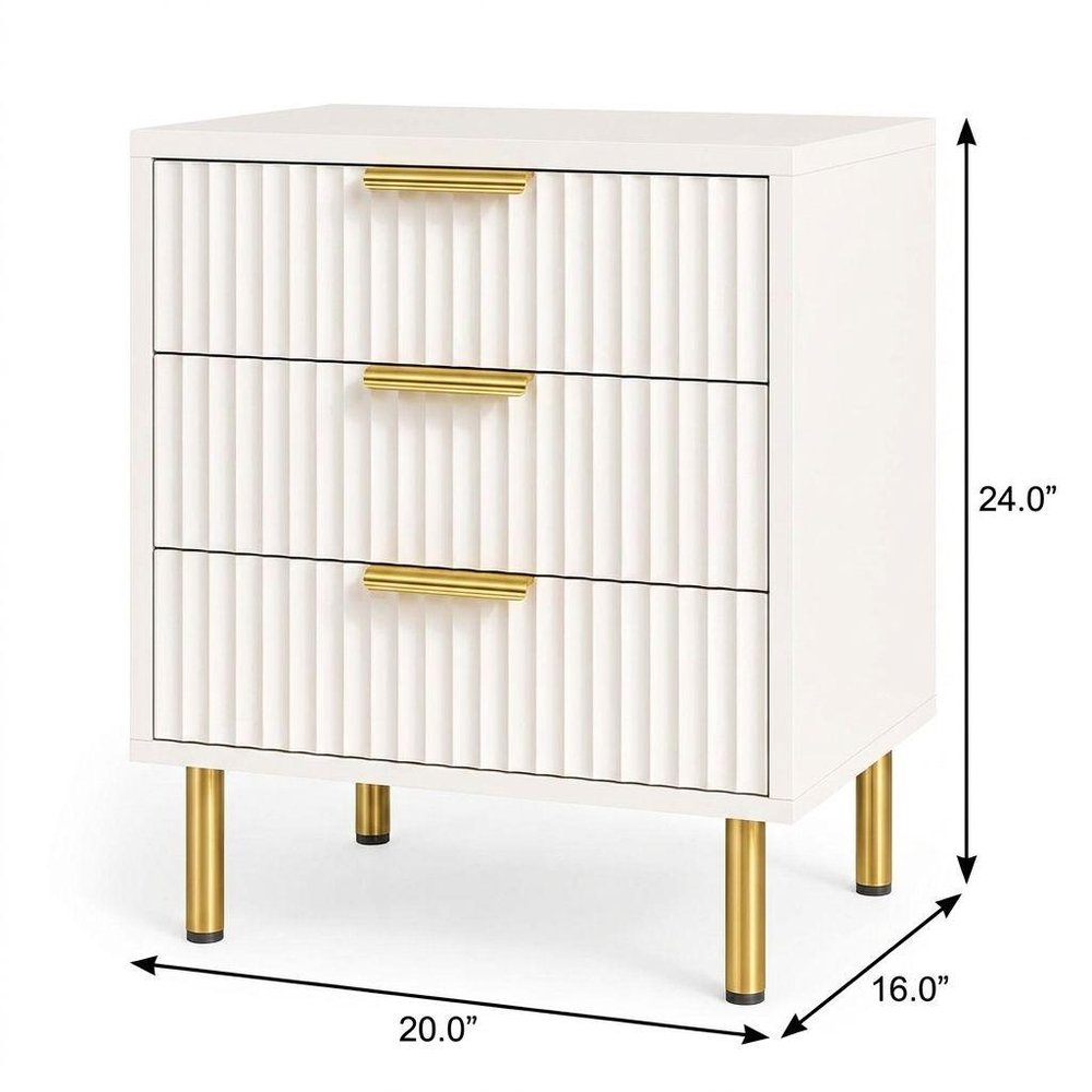 Oak Wood Ribbed Texture Three Drawer Nightstand - 24-inch