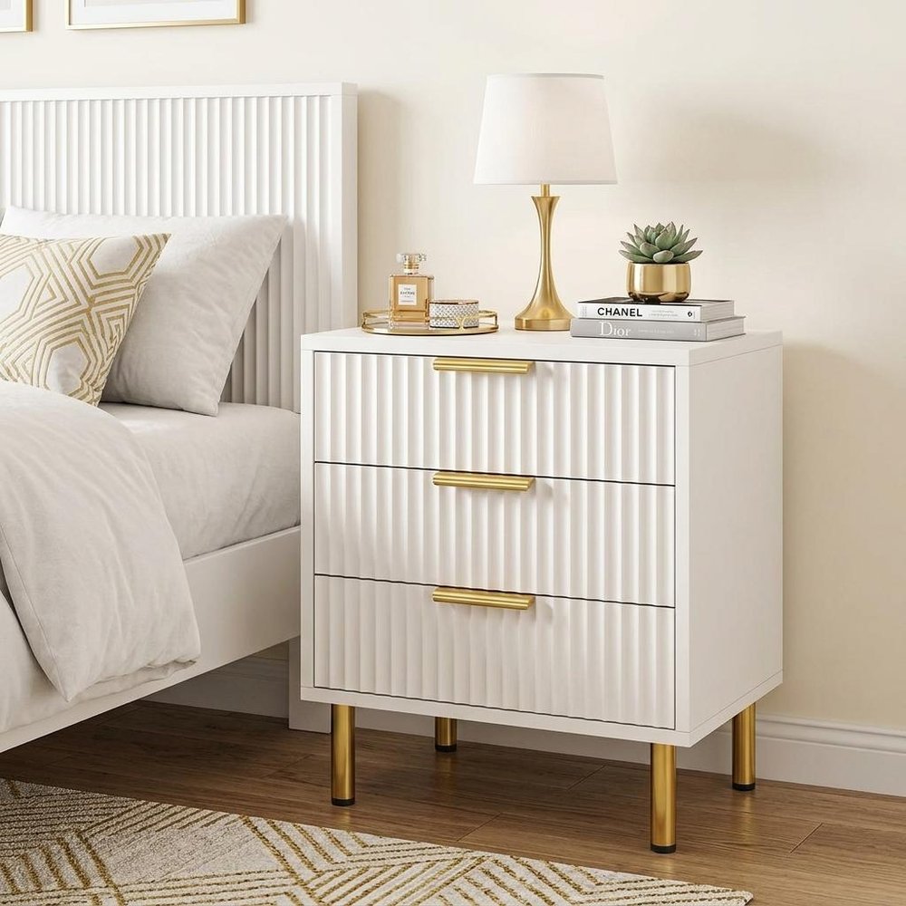 Oak Wood Ribbed Texture Three Drawer Nightstand - 24-inch