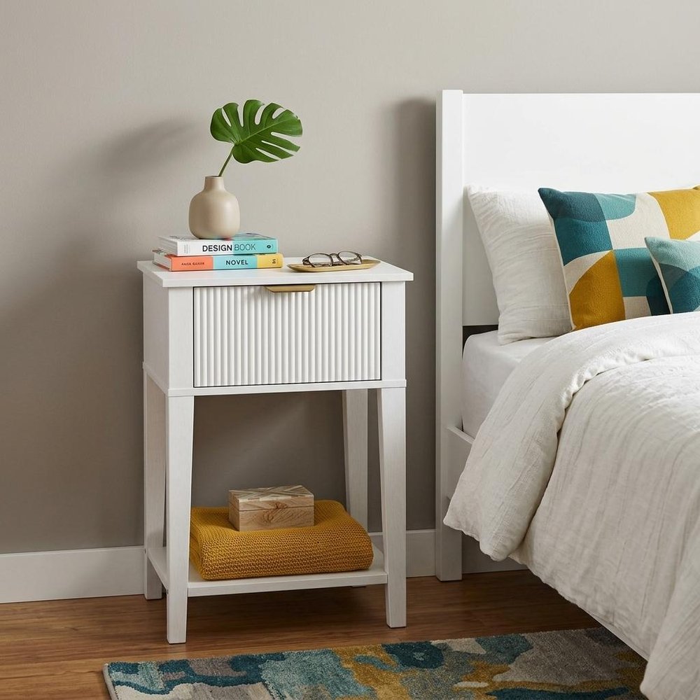 White Wood Ribbed Texture One Drawer Nightstand - 23-inch