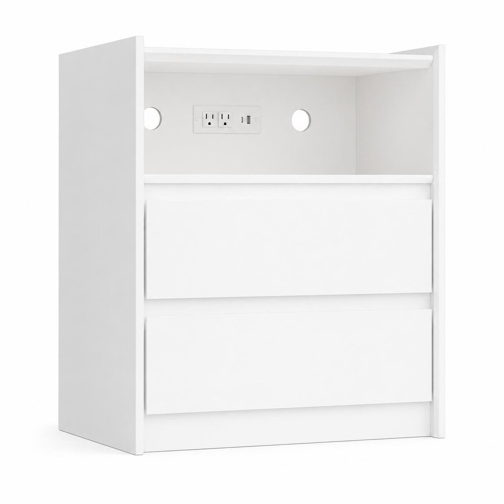 White Wood Two Drawer Nightstand with USB Port and Integrated Tech - 24-inch