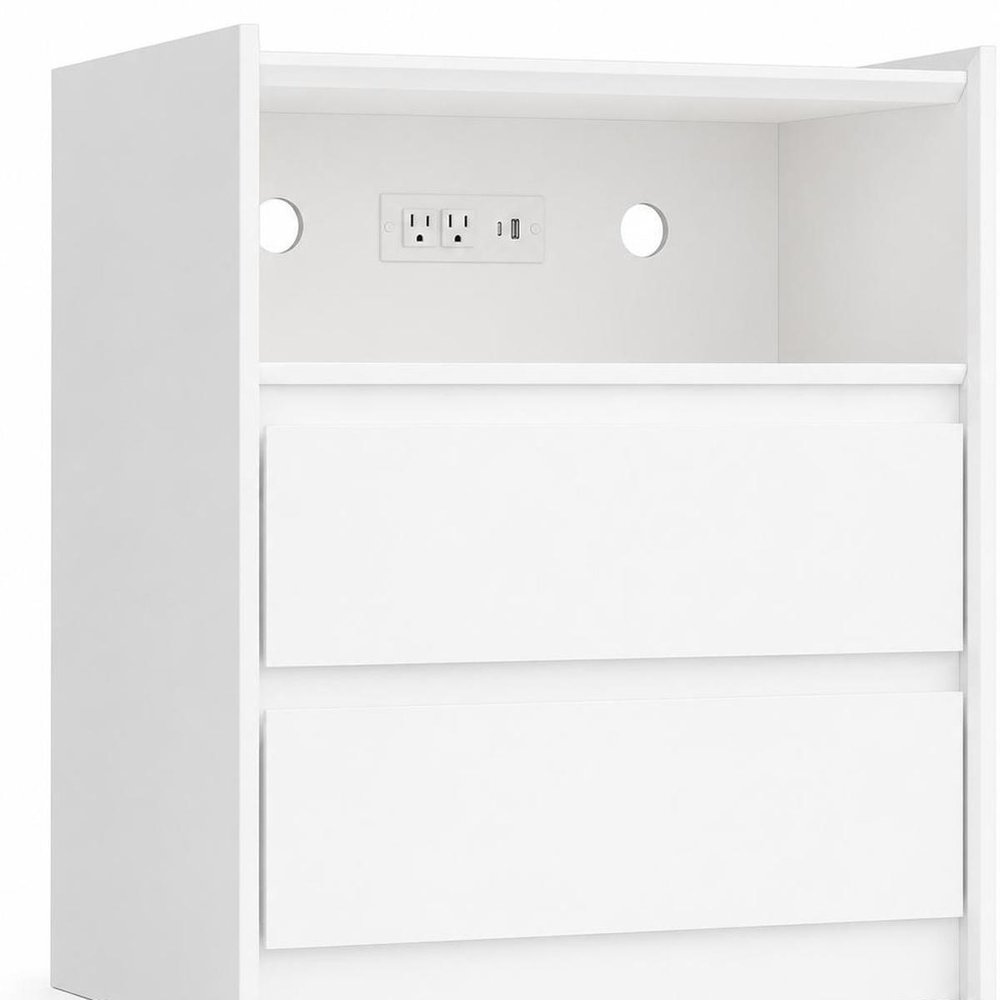 White Wood Two Drawer Nightstand with USB Port and Integrated Tech - 24-inch