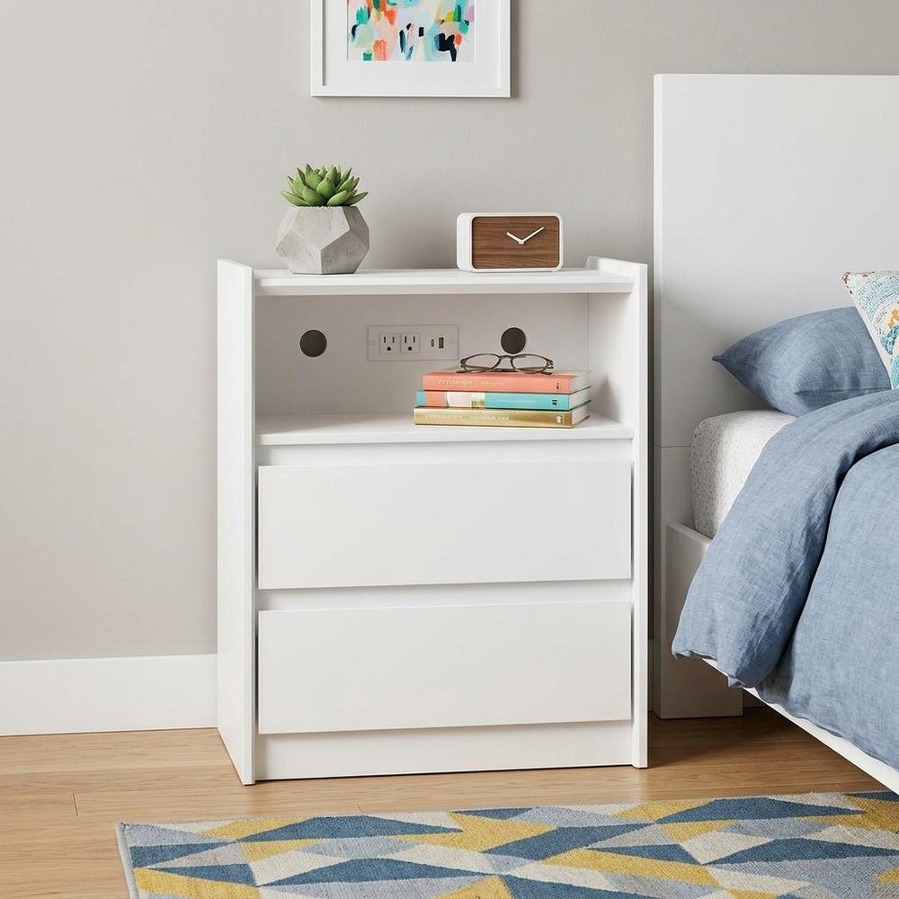 White Wood Two Drawer Nightstand with USB Port and Integrated Tech - 24-inch