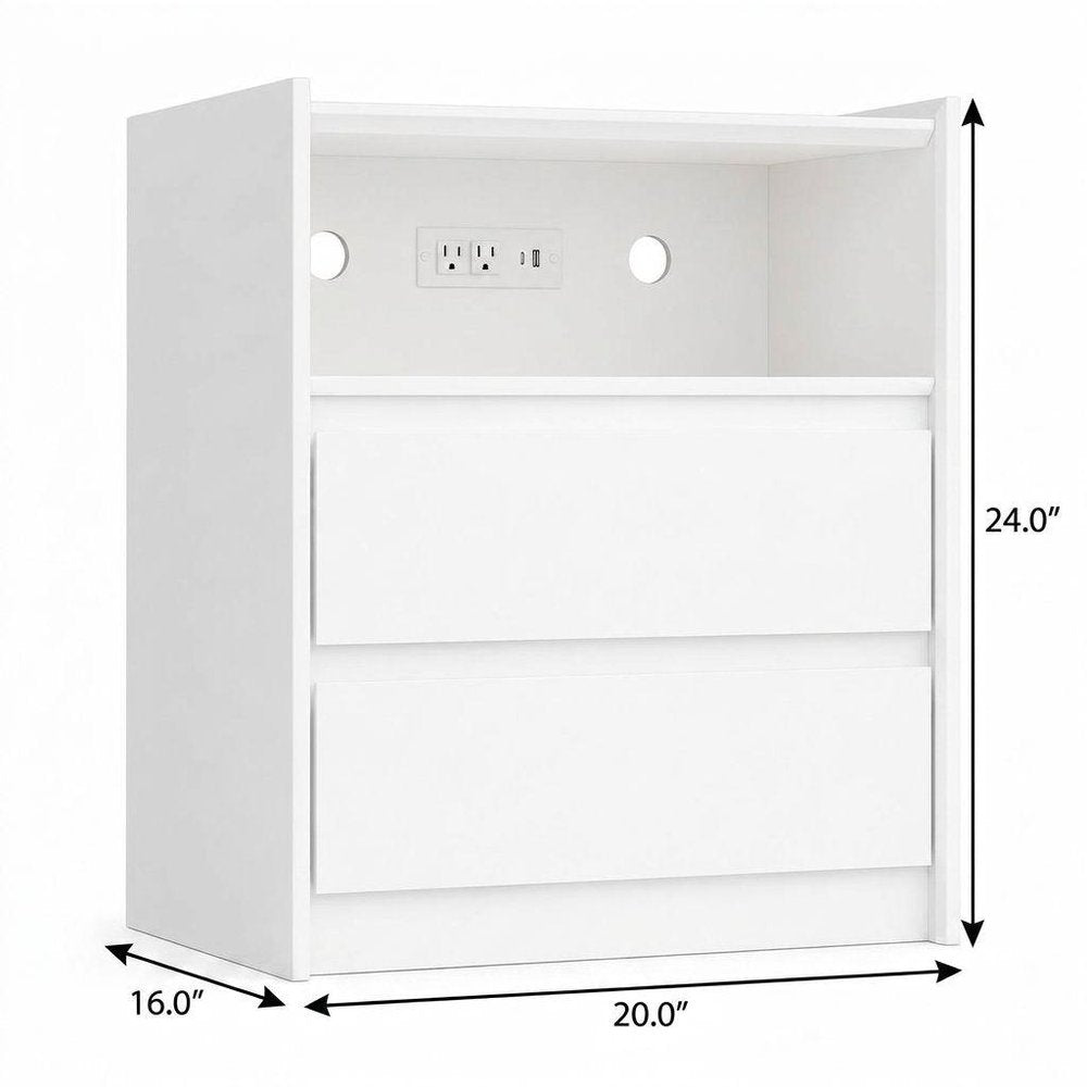 White Wood Two Drawer Nightstand with USB Port and Integrated Tech - 24-inch
