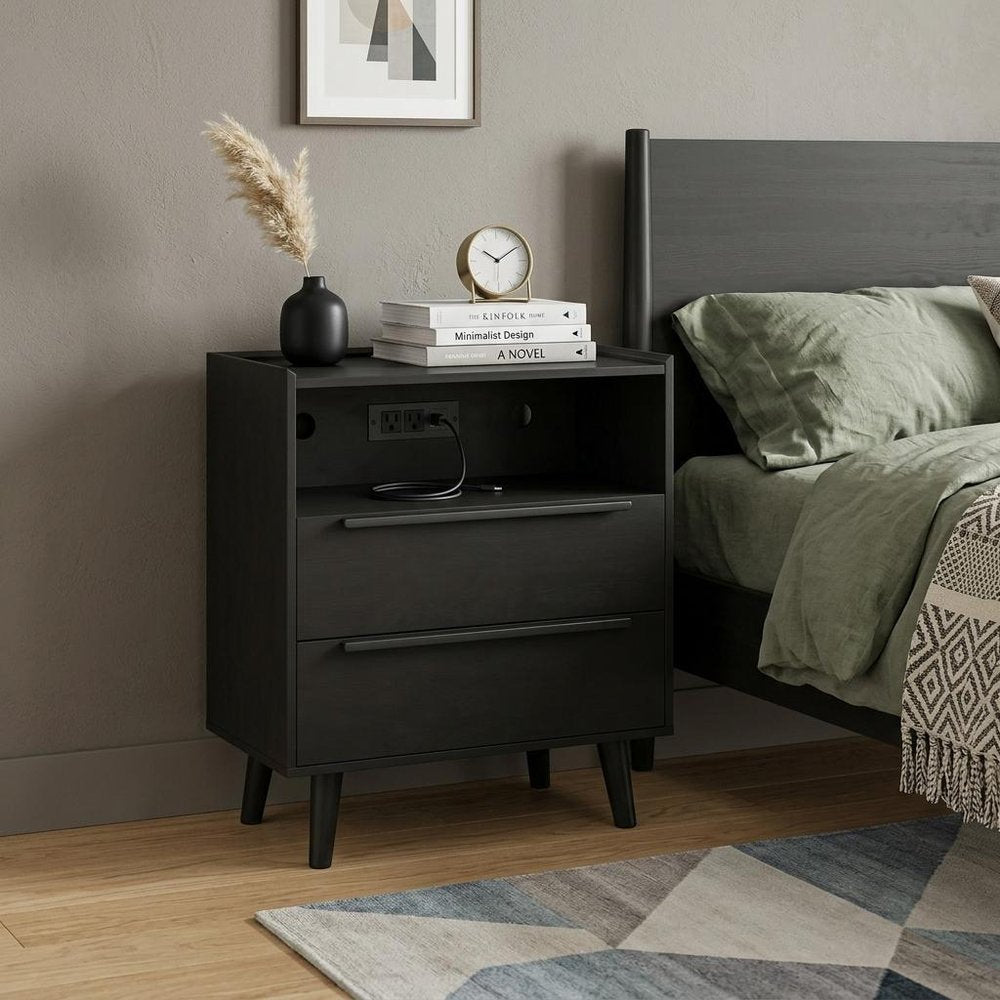 Black Wood Two Drawer Nightstand with USB Port and Integrated Tech - 26-inch