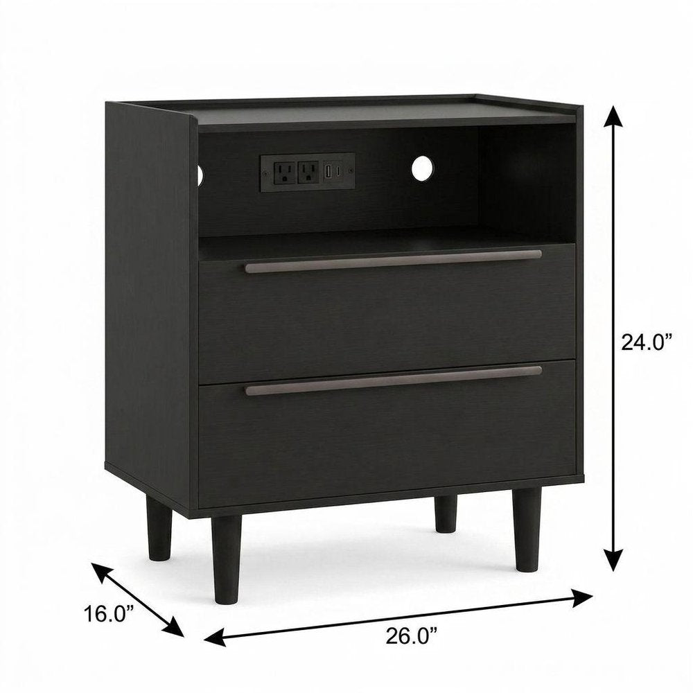 Black Wood Two Drawer Nightstand with USB Port and Integrated Tech - 26-inch