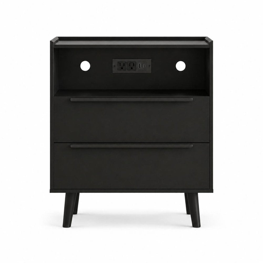Black Wood Two Drawer Nightstand with USB Port and Integrated Tech - 26-inch