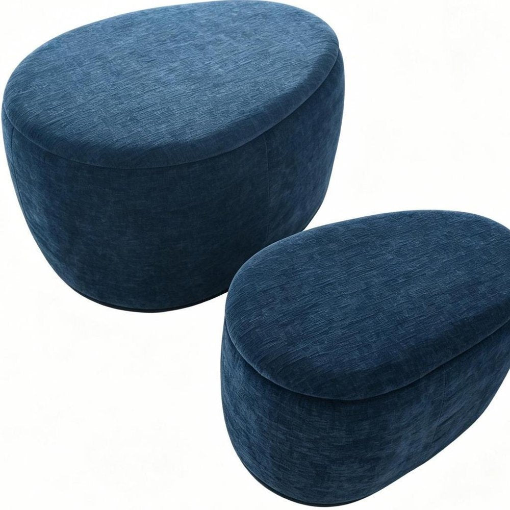 Set of Two Blue Chenille Round Storage Ottoman - 34-inch