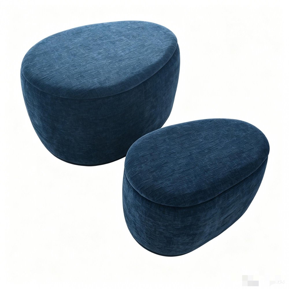 Set of Two Blue Chenille Round Storage Ottoman - 34-inch