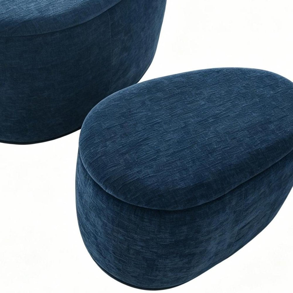 Set of Two Blue Chenille Round Storage Ottoman - 34-inch
