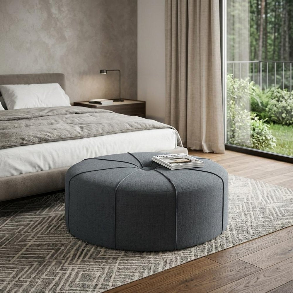 Slate Blue and Black Cotton Blend and Linen Blend Tufted Oval Cocktail Ottoman