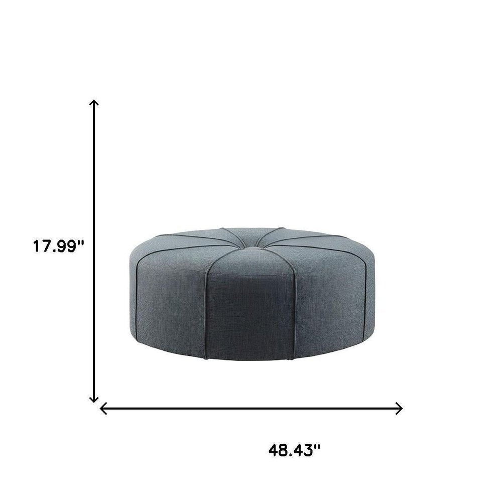 Slate Blue and Black Cotton Blend and Linen Blend Tufted Oval Cocktail Ottoman