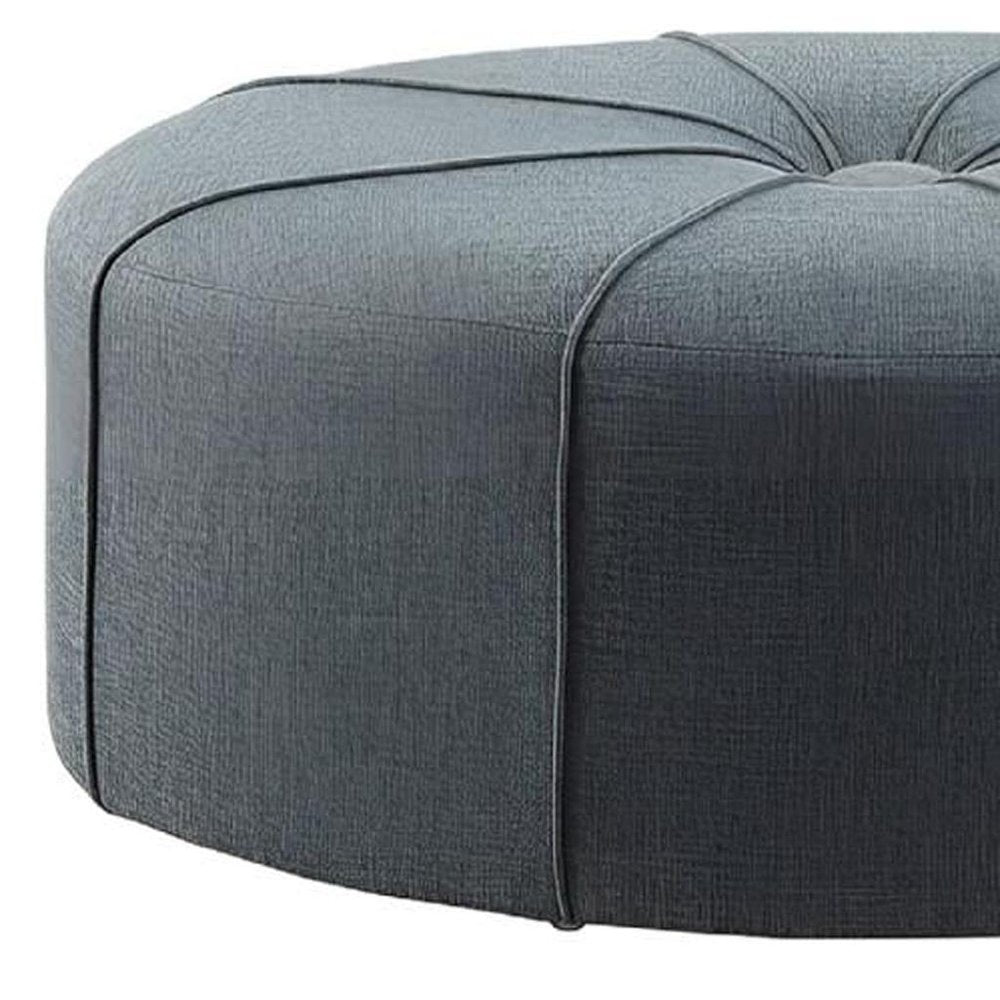 Slate Blue and Black Cotton Blend and Linen Blend Tufted Oval Cocktail Ottoman