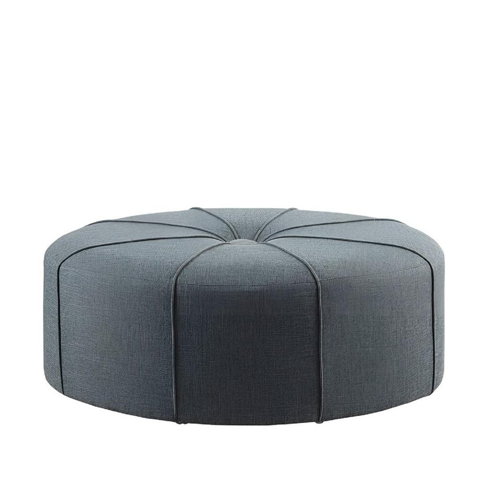 Slate Blue and Black Cotton Blend and Linen Blend Tufted Oval Cocktail Ottoman
