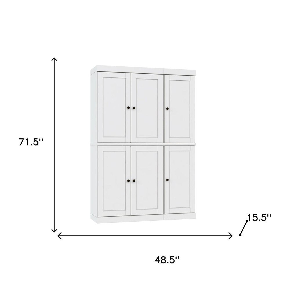 White Solid Wood Six Door Two Drawer Pantry or Storage Closet - 72-inch