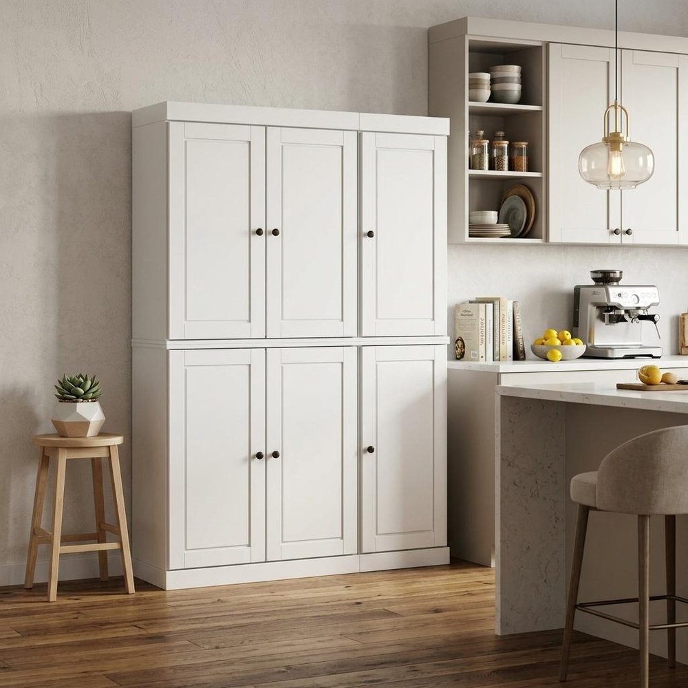 White Solid Wood Six Door Two Drawer Pantry or Storage Closet - 72-inch