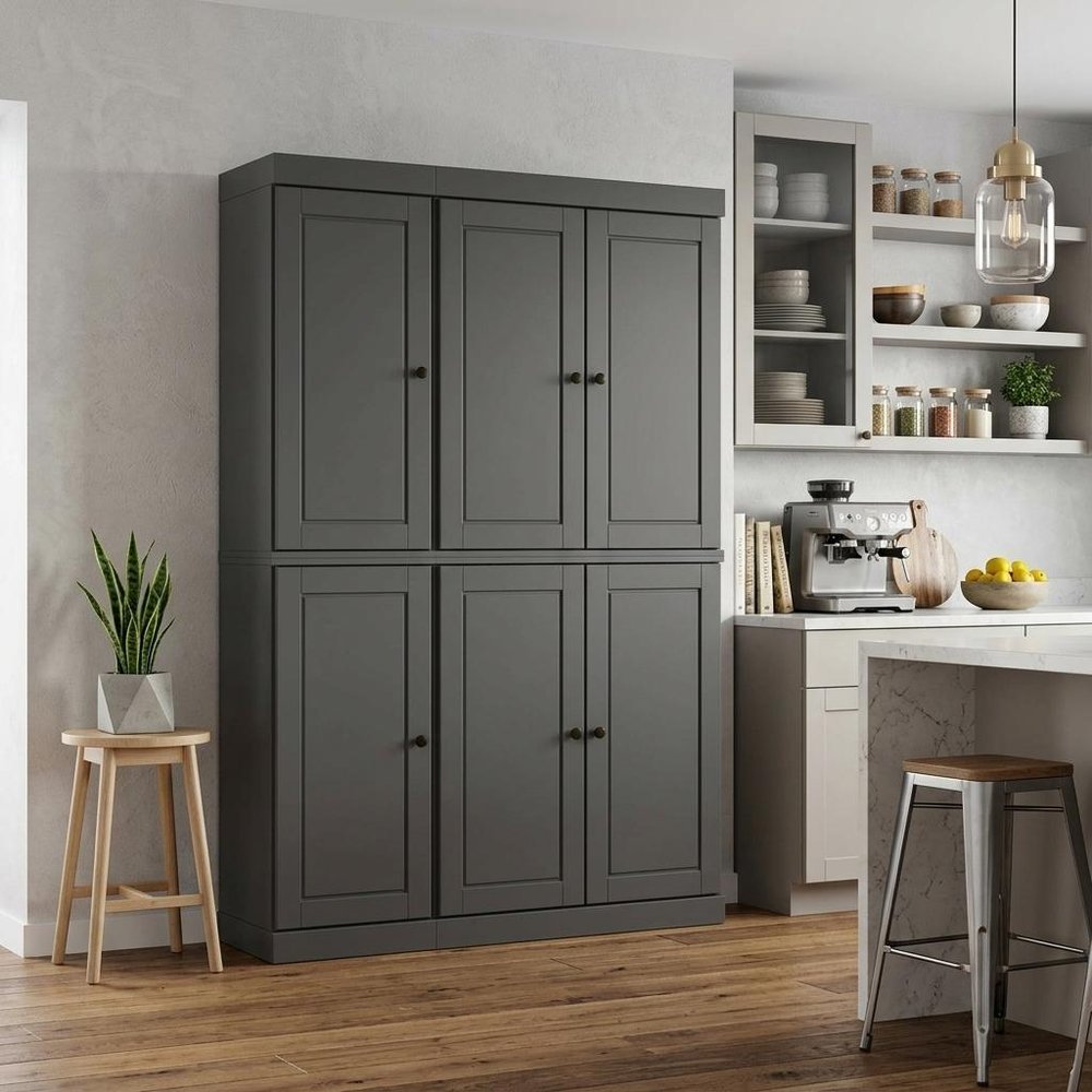 Gray Solid Wood Six Door Two Drawer Pantry or Storage Closet - 72-inch