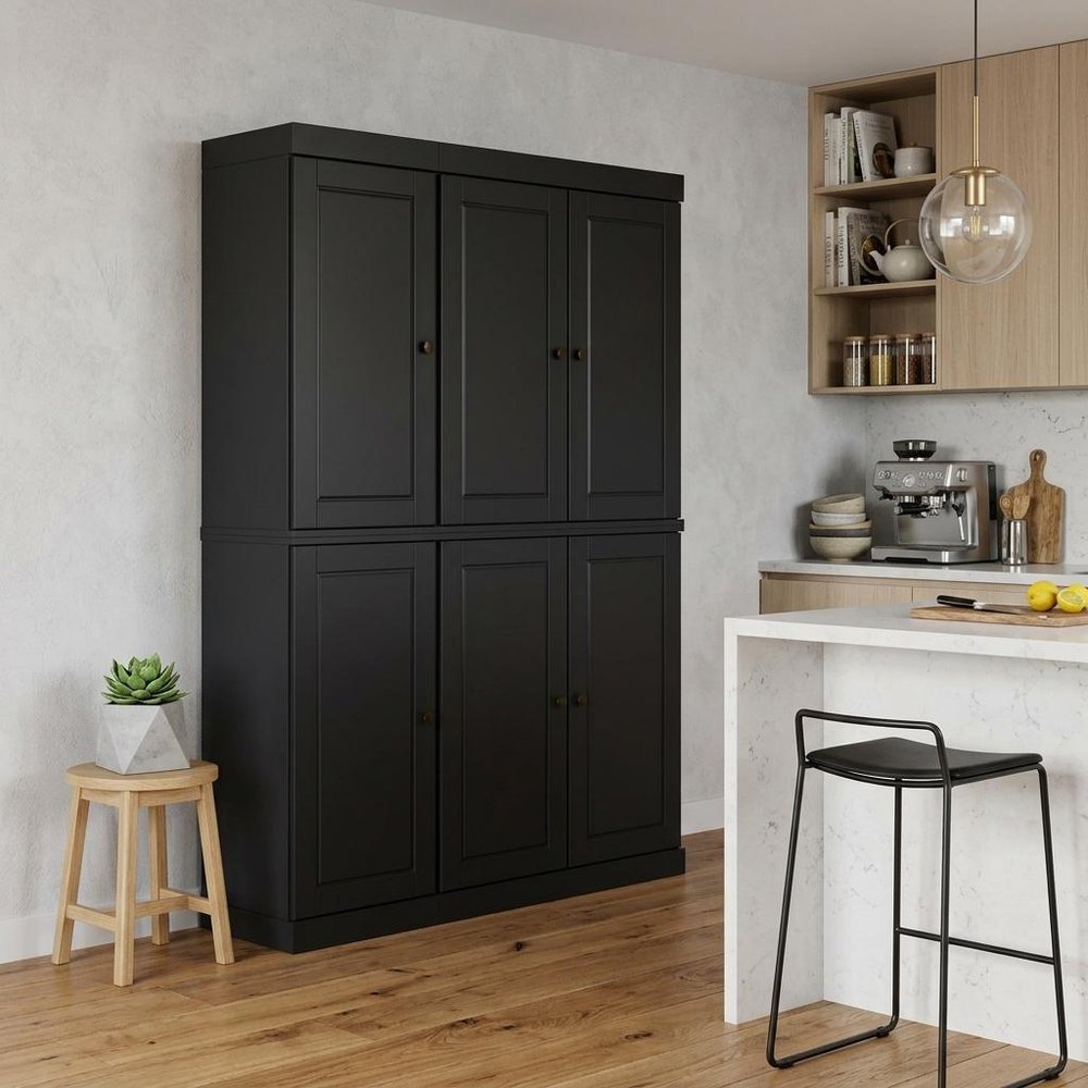 Black Solid Wood Six Door Two Drawer Pantry or Storage Closet - 72-inch