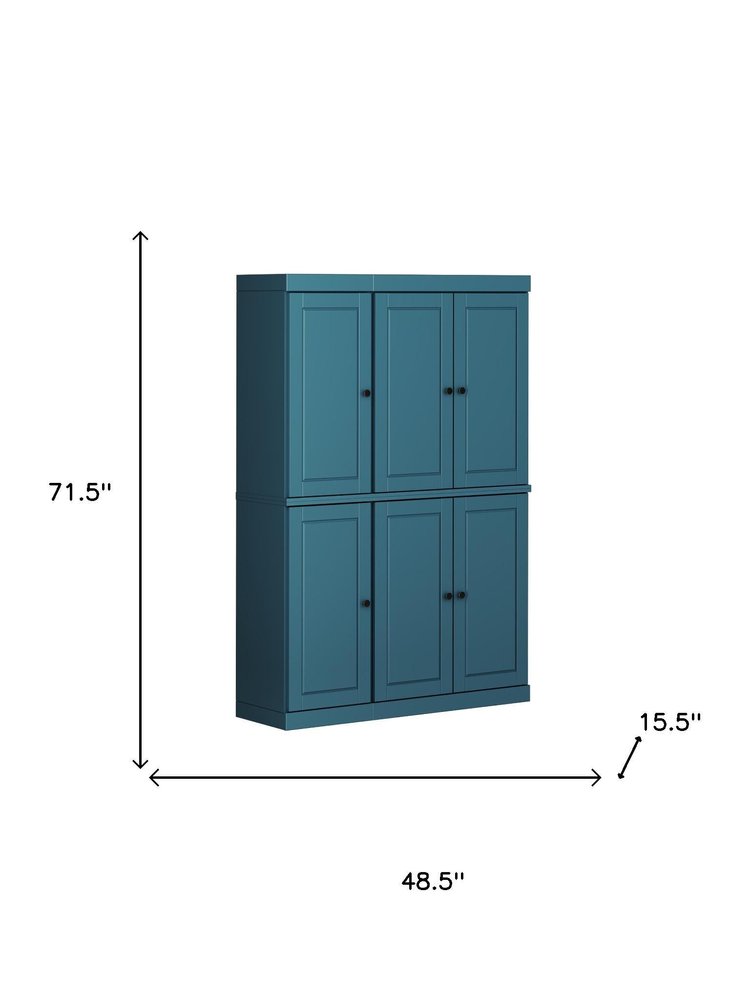 Teal Blue Solid Wood Six Door Two Drawer Pantry or Storage Closet - 72-inch