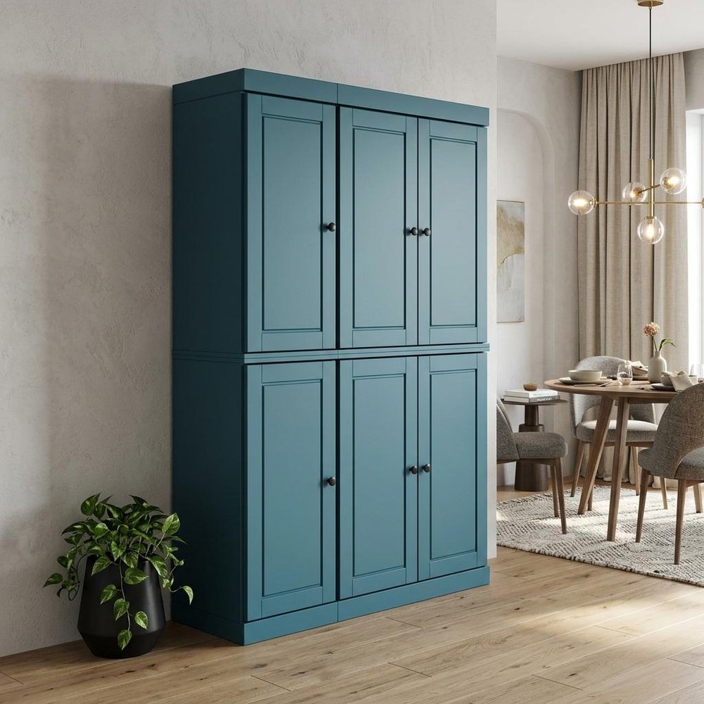 Teal Blue Solid Wood Six Door Two Drawer Pantry or Storage Closet - 72-inch