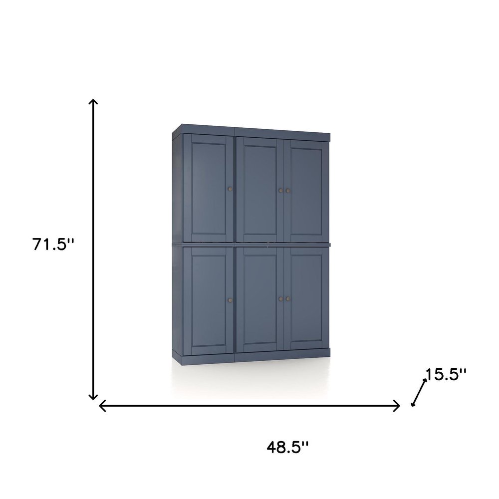 French Blue Solid Wood Six Door Two Drawer Pantry or Storage Closet - 72-inch