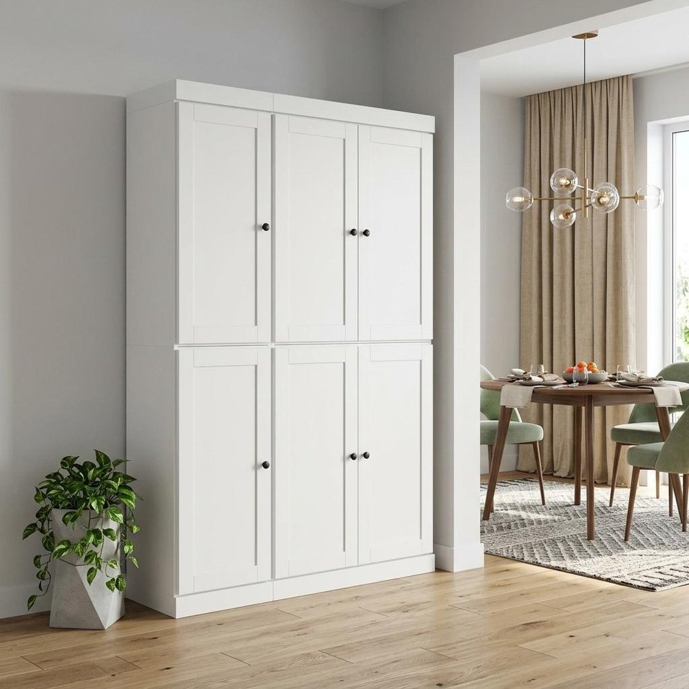 White Solid Wood Six Door Two Drawer Pantry or Storage Closet - 72-inch