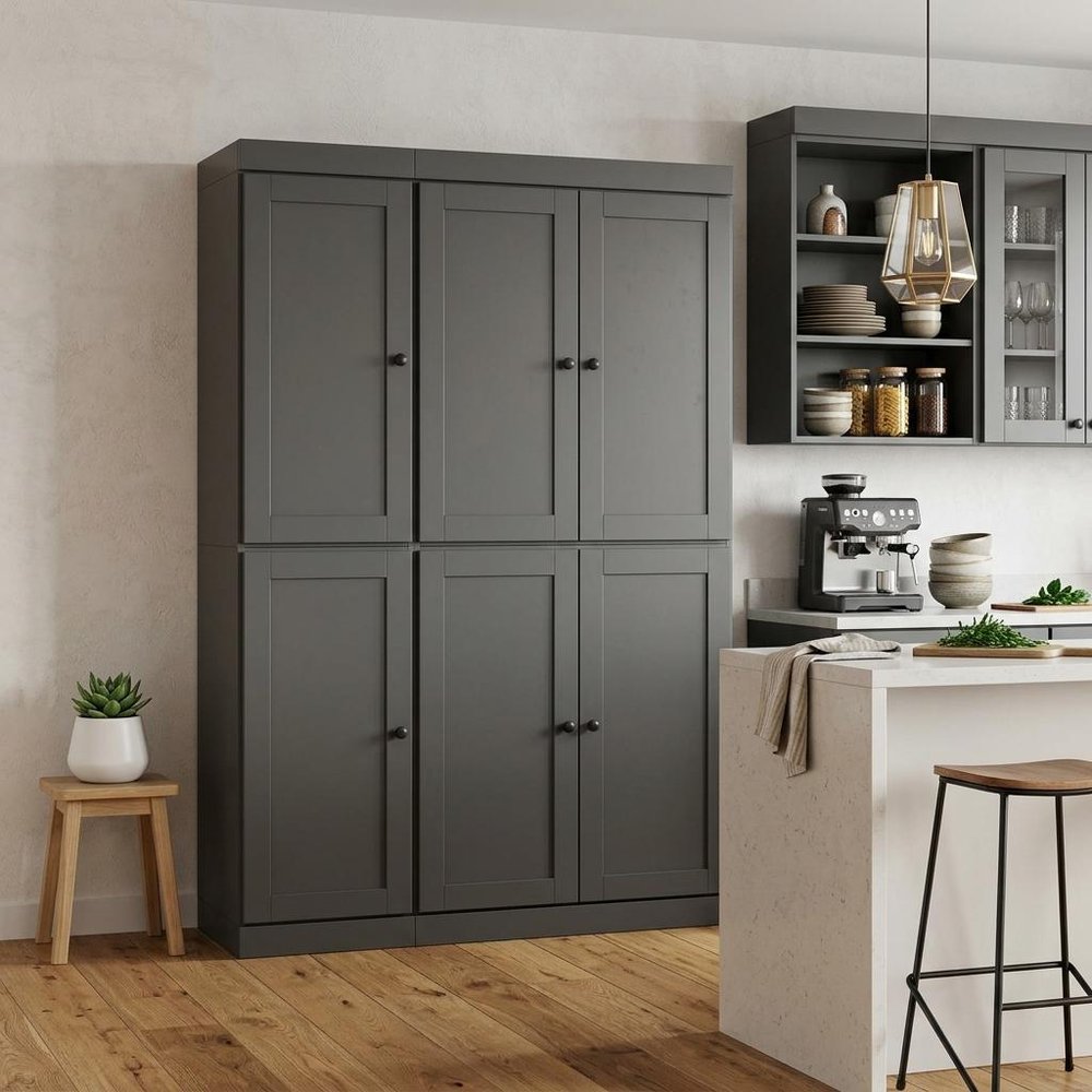 Gray Solid Wood Six Door Two Drawer Pantry or Storage Closet - 72-inch